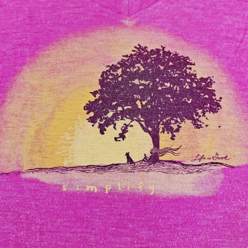 Life is Good women's v-neck t-shirt, sz L, magenta, w/ "Simplify" graphic front